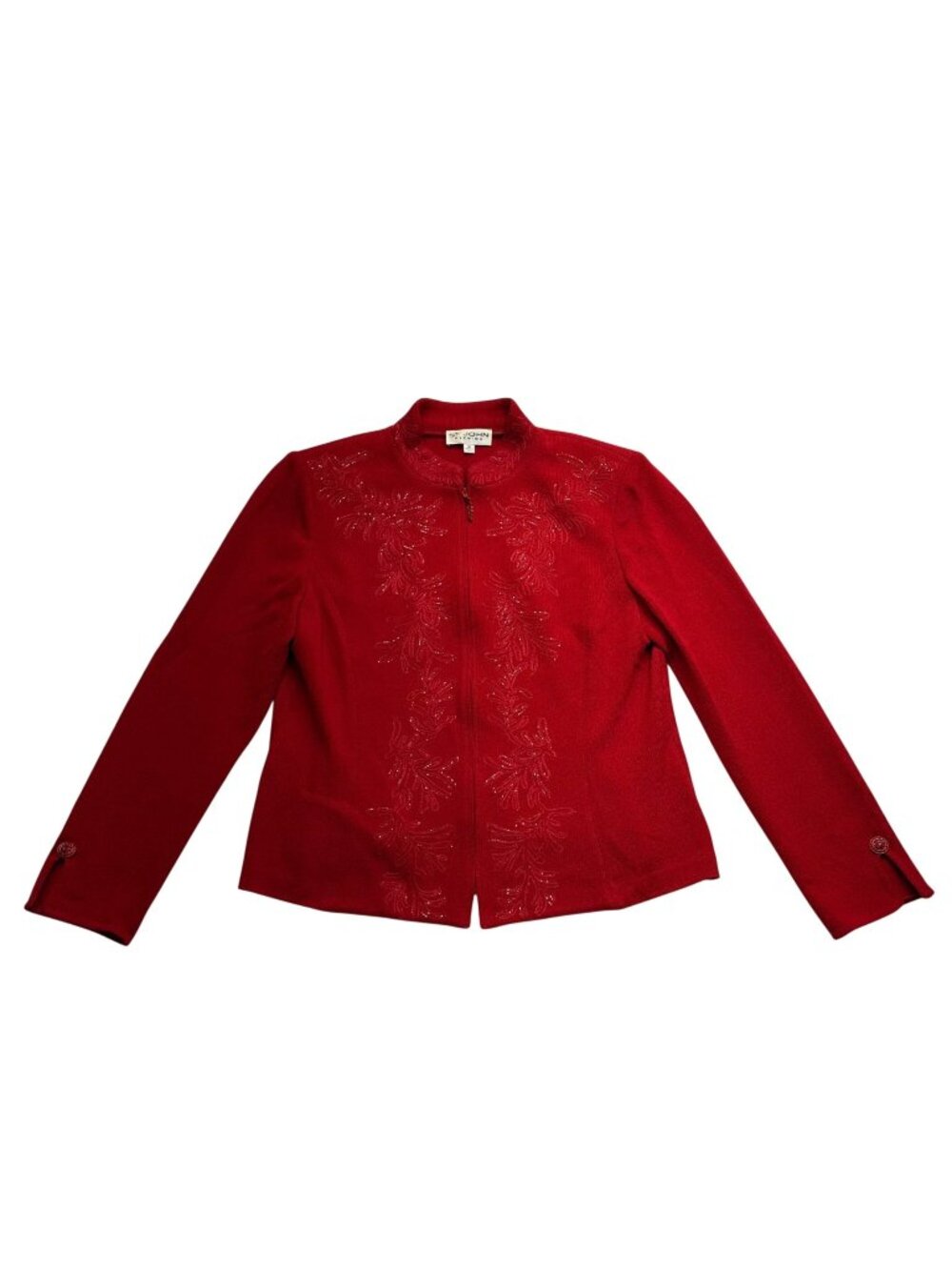 St. John Santana Knit Evening Zip Up Jacket Size 16 Red Embellished Vintage SEE